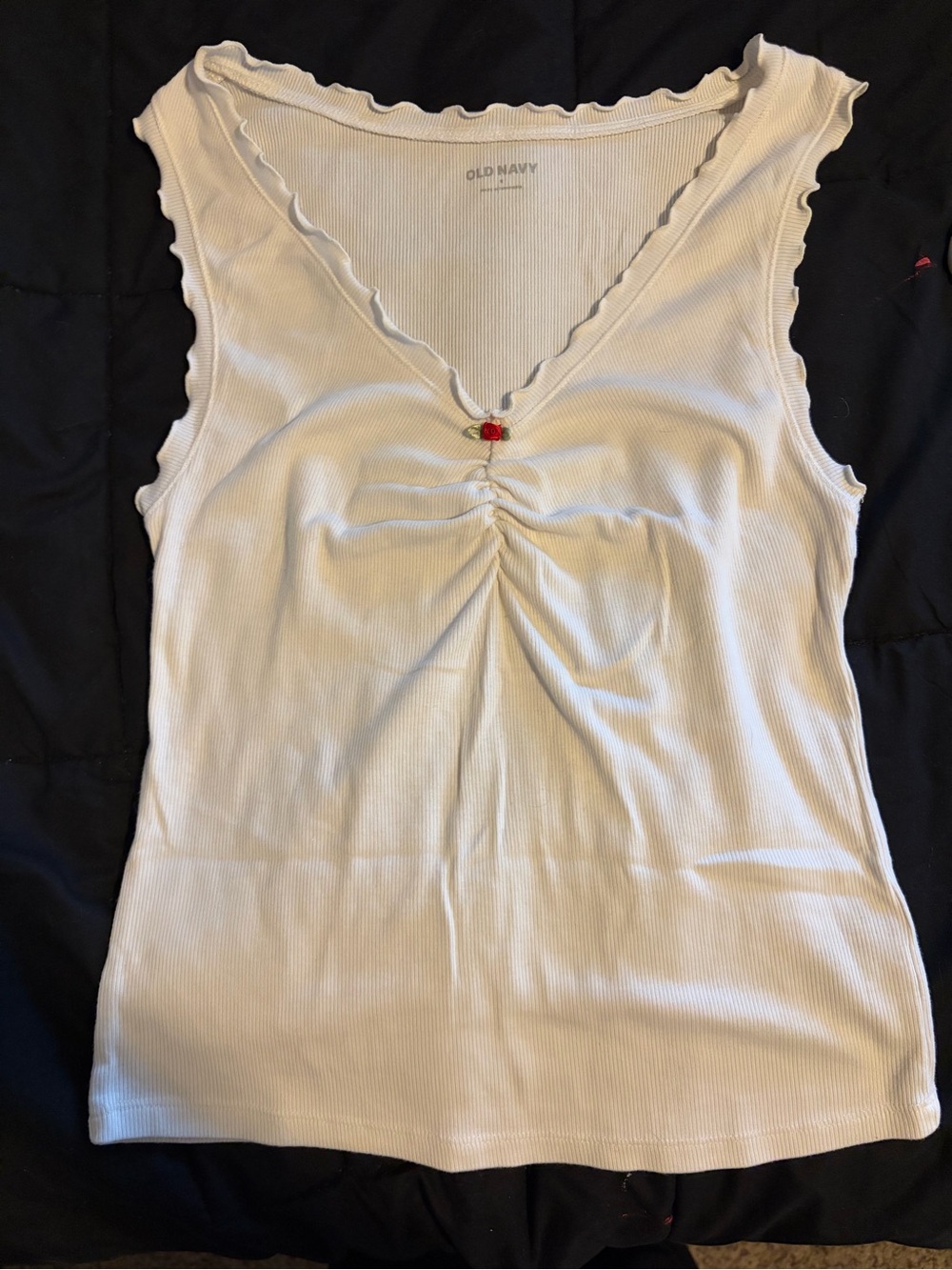 Old Navy Cream Ribbed V‑Neck Tank with Ruffle Trim